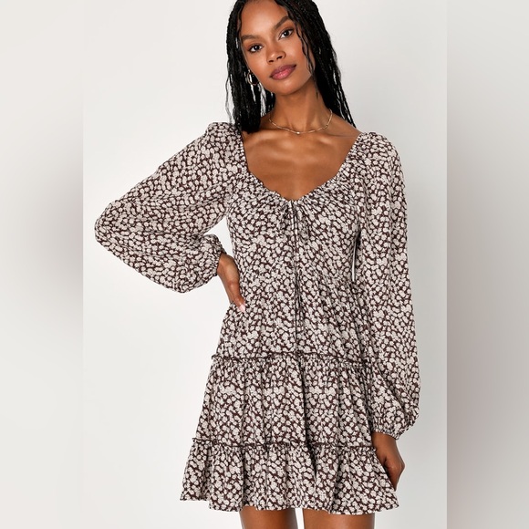 Lulus Dresses & Skirts - Lulu's Sweetheart Aura Brown Floral Balloon Sleeve Skater Mini Dress Size XS